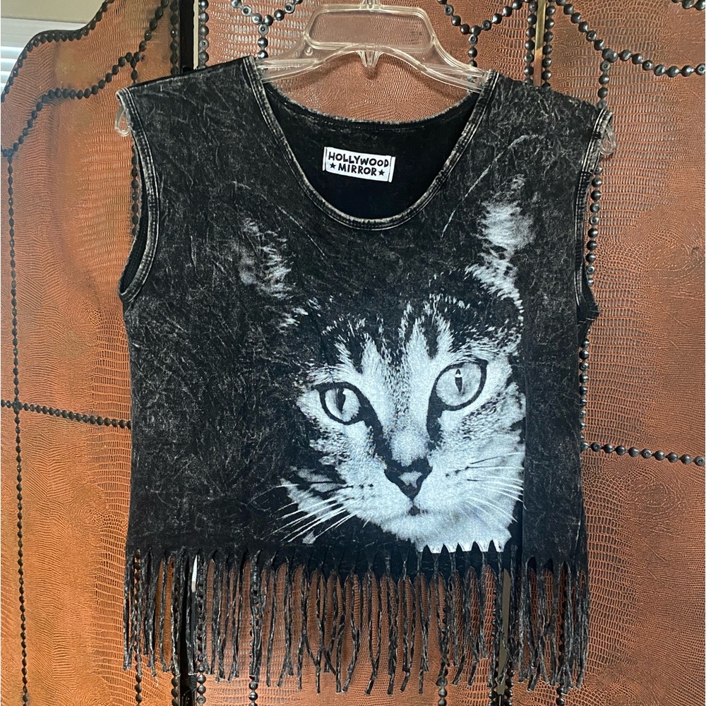 Grey Washed Cat Fringe Top